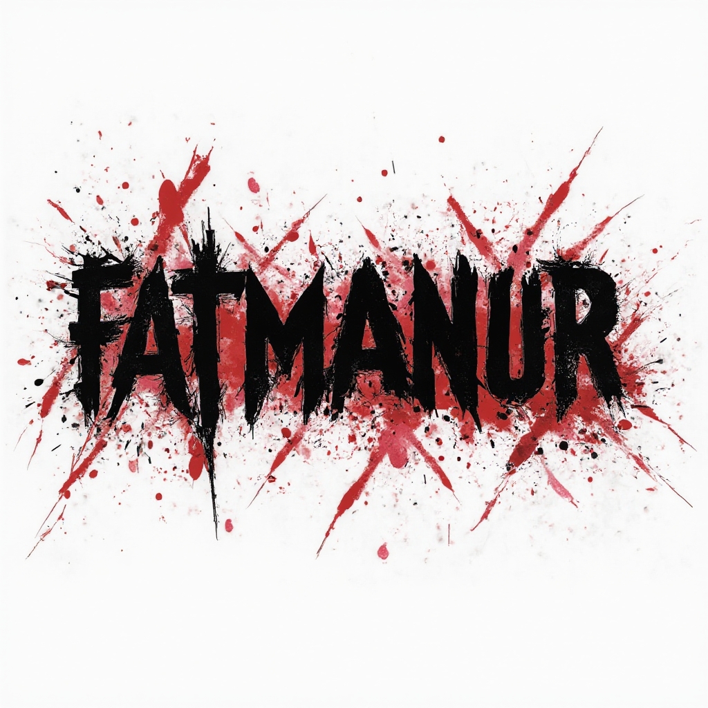 Trash Polka style tattoo design of the name fatmanur with bold black and red splashes on a white background.