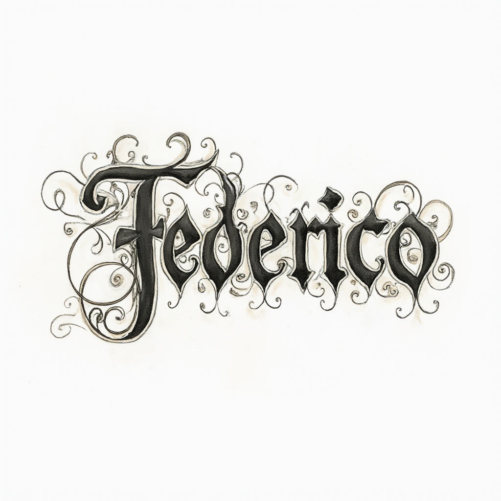 Ornamental flowing lettering forming the name federico with decorative scrollwork on a white background