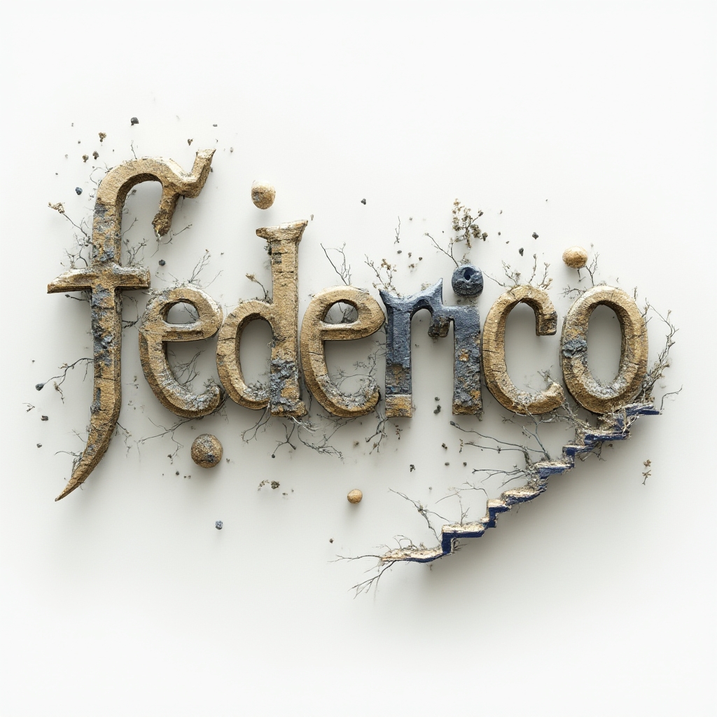Surreal sculptural lettering forming the name federico with floating, dreamlike elements on a white background