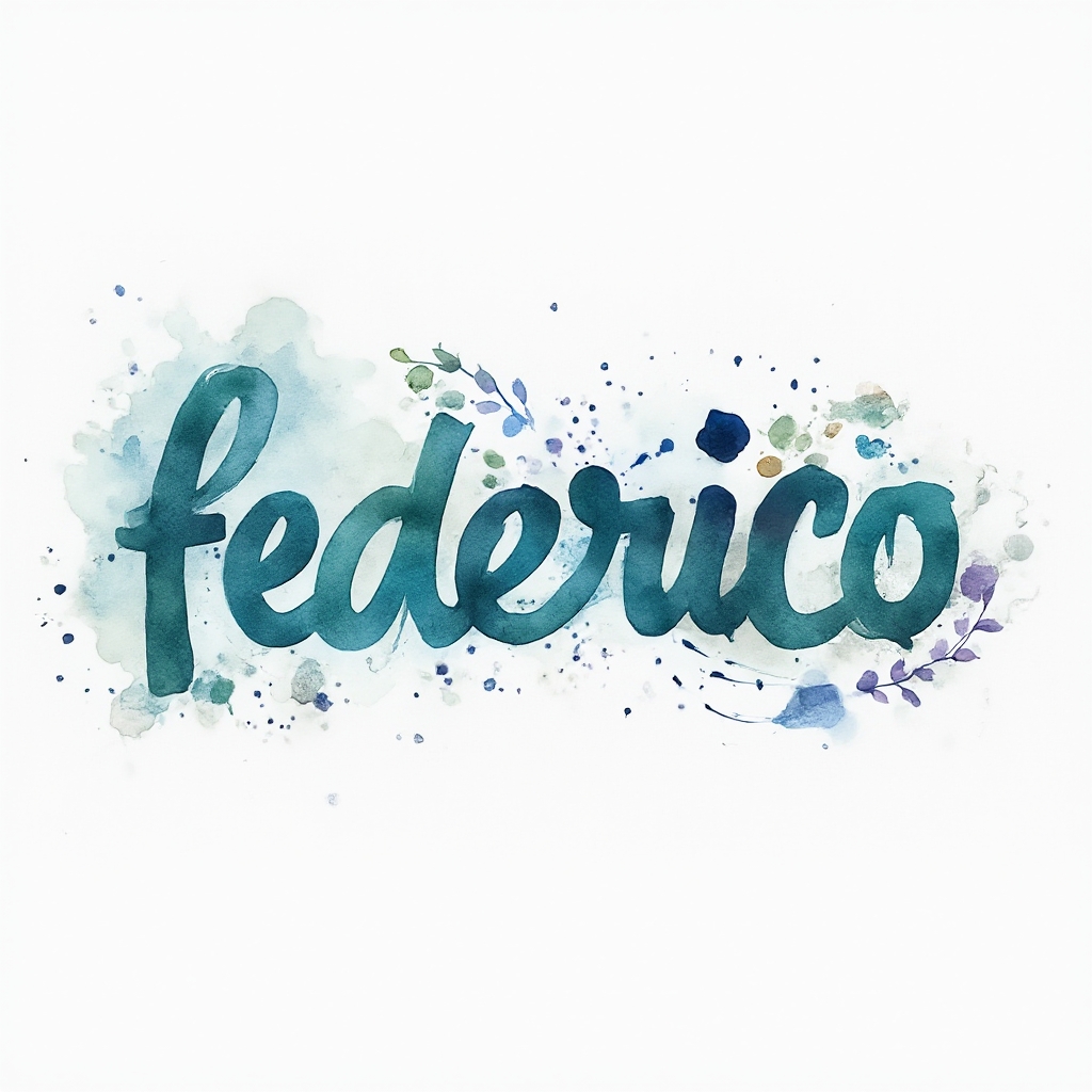 Watercolor-style artistic lettering of the name federico with colorful paint splashes on a white background