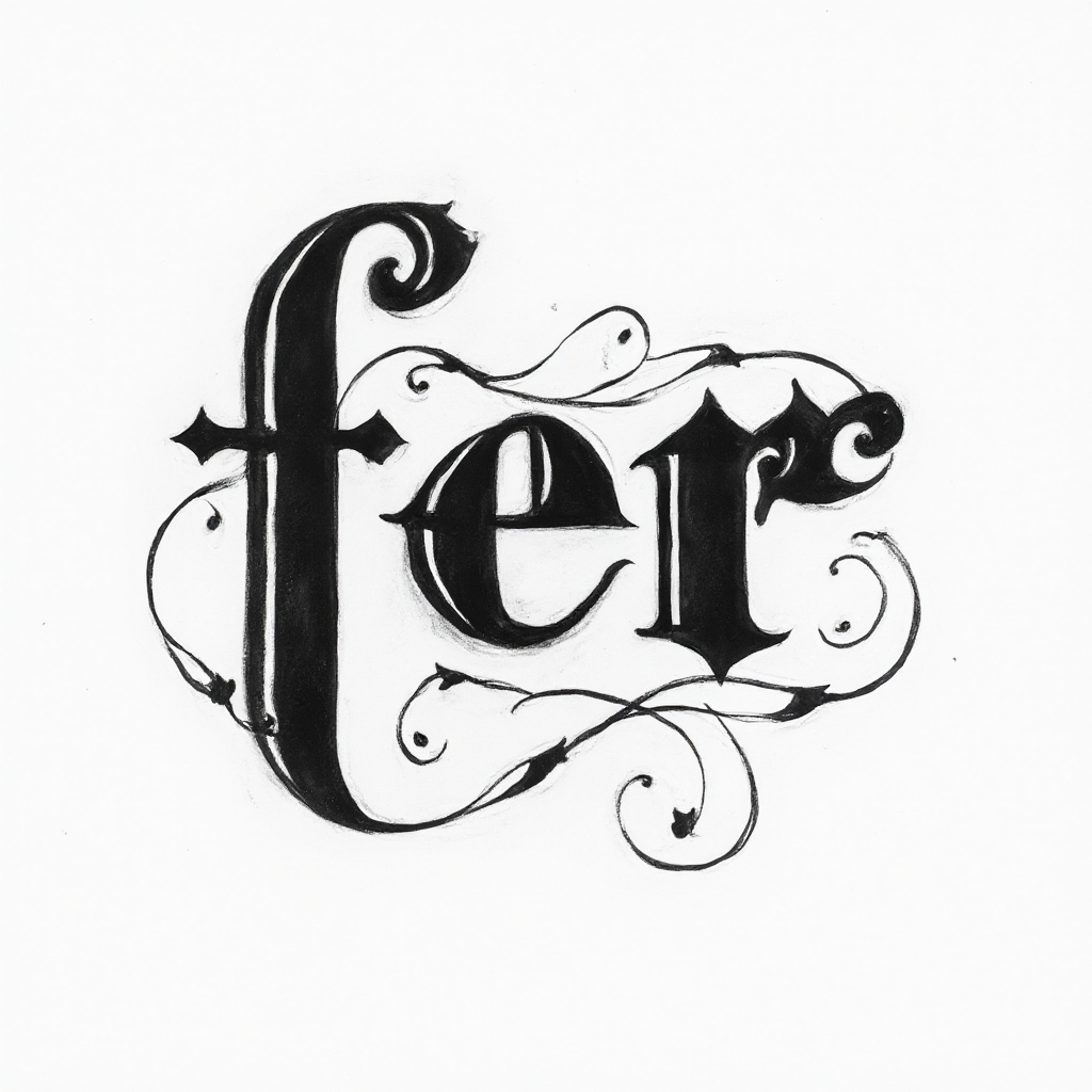 Dimensional black glyph-style tattoo design of the name fer with flowing, interlocking strokes on a white background