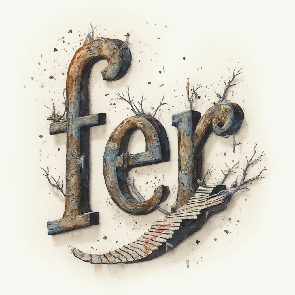 Surreal tattoo design forming the name fer from dreamlike architectural and organic shapes on a white background