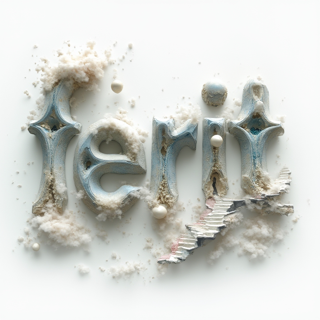 Surreal sculptural interpretation of the name ferit as impossible dreamlike structures on a white background.