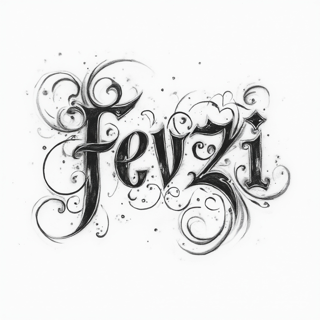 Elegant textured script tattoo concept of the name fevzi with ornate flourishes on white