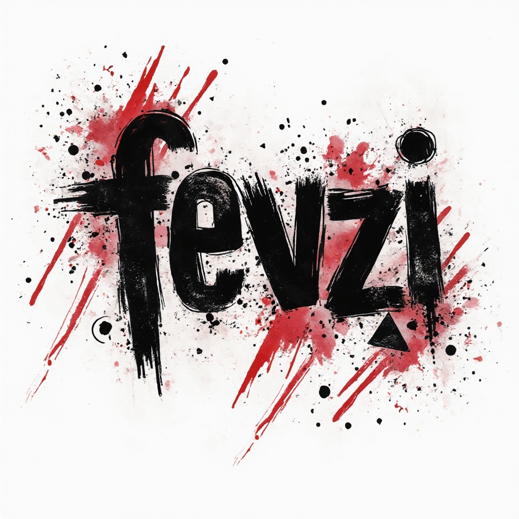 Trash Polka tattoo design of the name fevzi with bold black and red distressed lettering on white