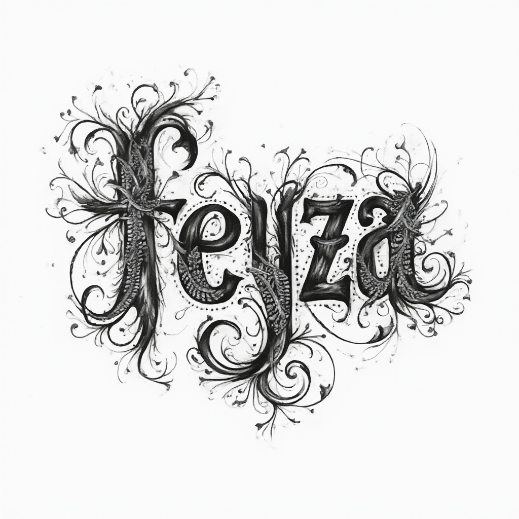 abstract ornamental tattoo design of the name feyza built from interlocking black patterns on white background