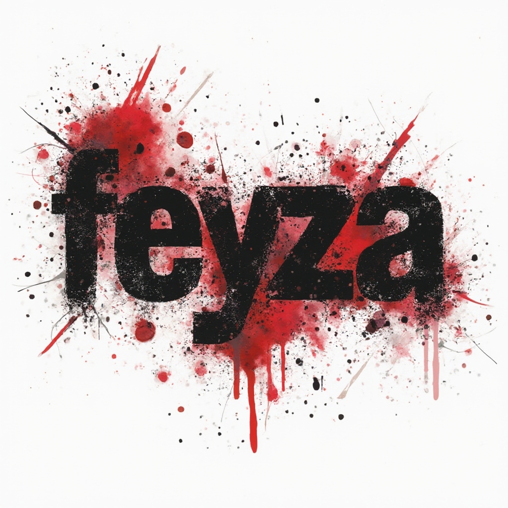 trash polka tattoo design of the name feyza made of distressed black and red graphic letters on white background