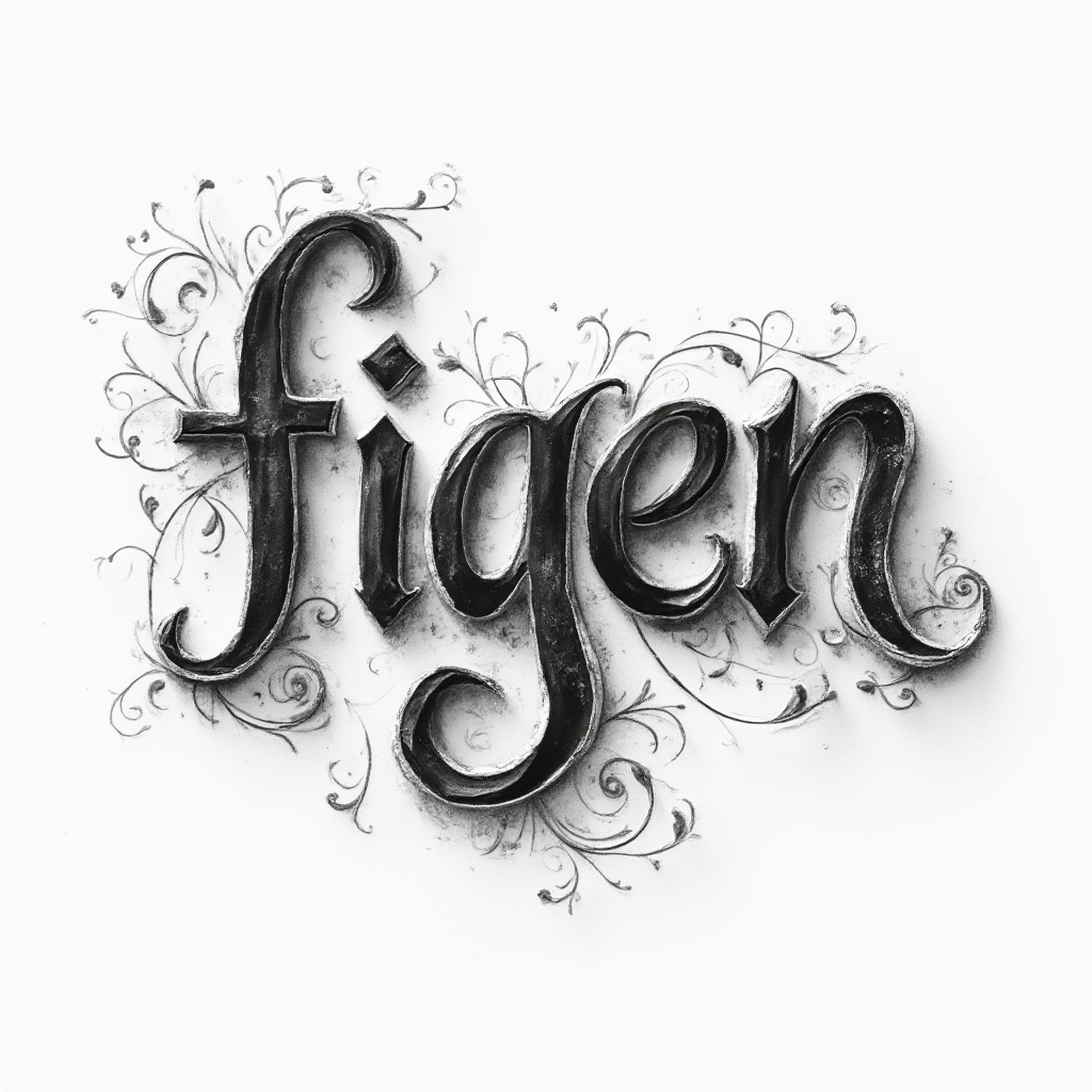 Monochrome ornamental sculpted shapes forming the name figen on a white background