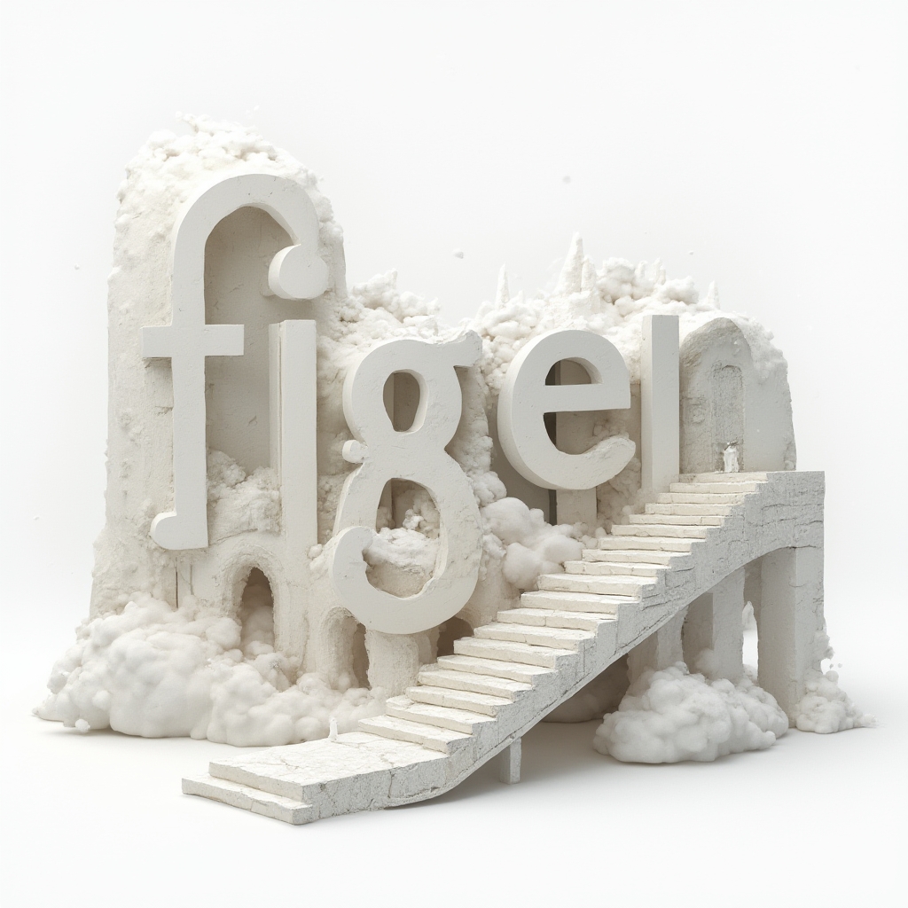 Surreal dreamscape composition forming the name figen with floating structures on white background