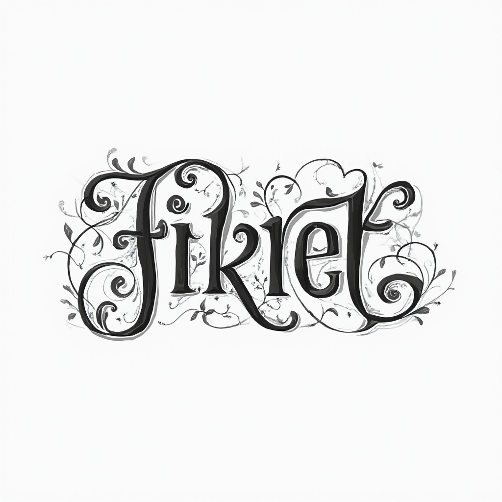Ornamental black and gray stylized rendering of the name fikret with flowing, decorative letters on a white background