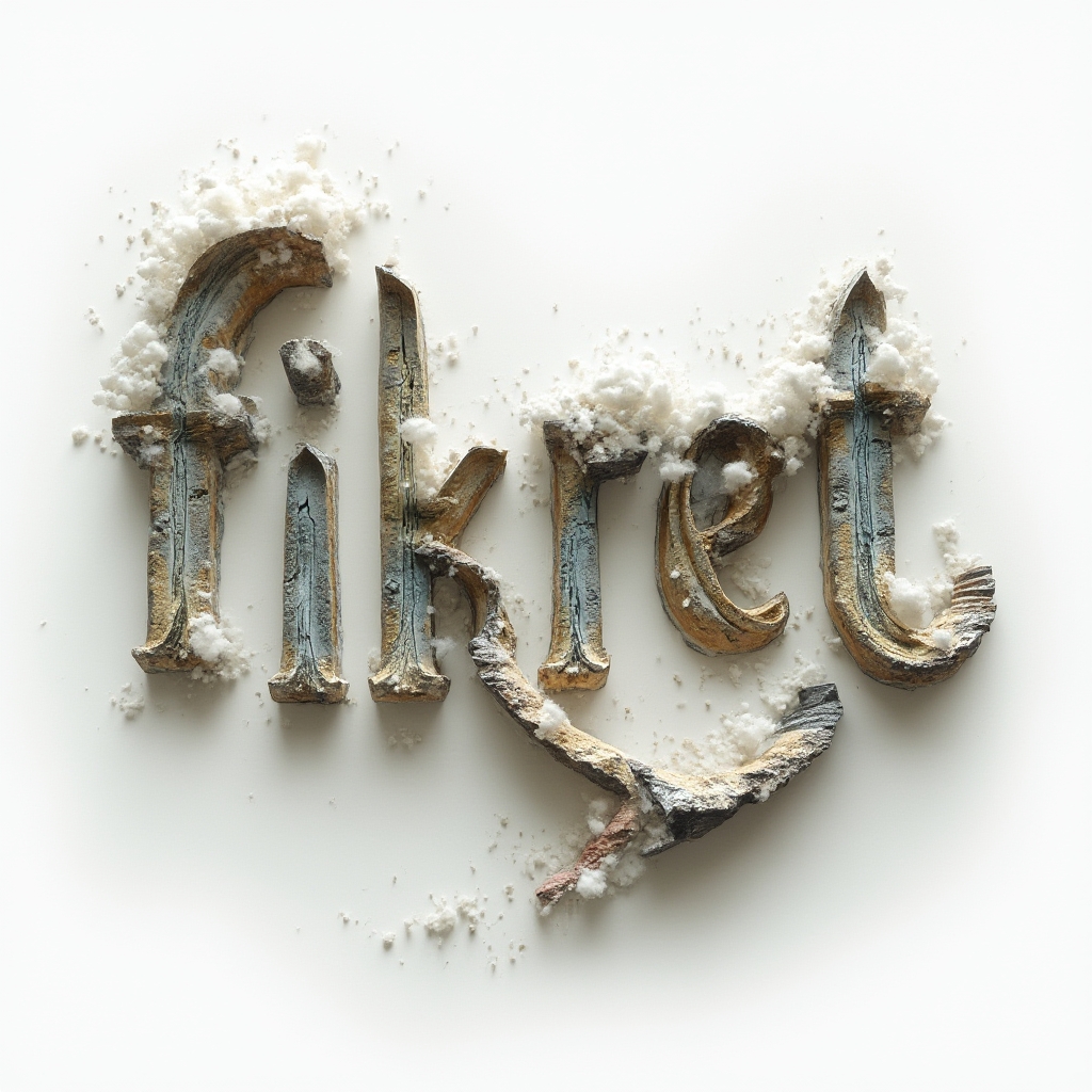 Surrealist 3D sculptural rendering of the name fikret with dreamlike, floating letterforms on a white background