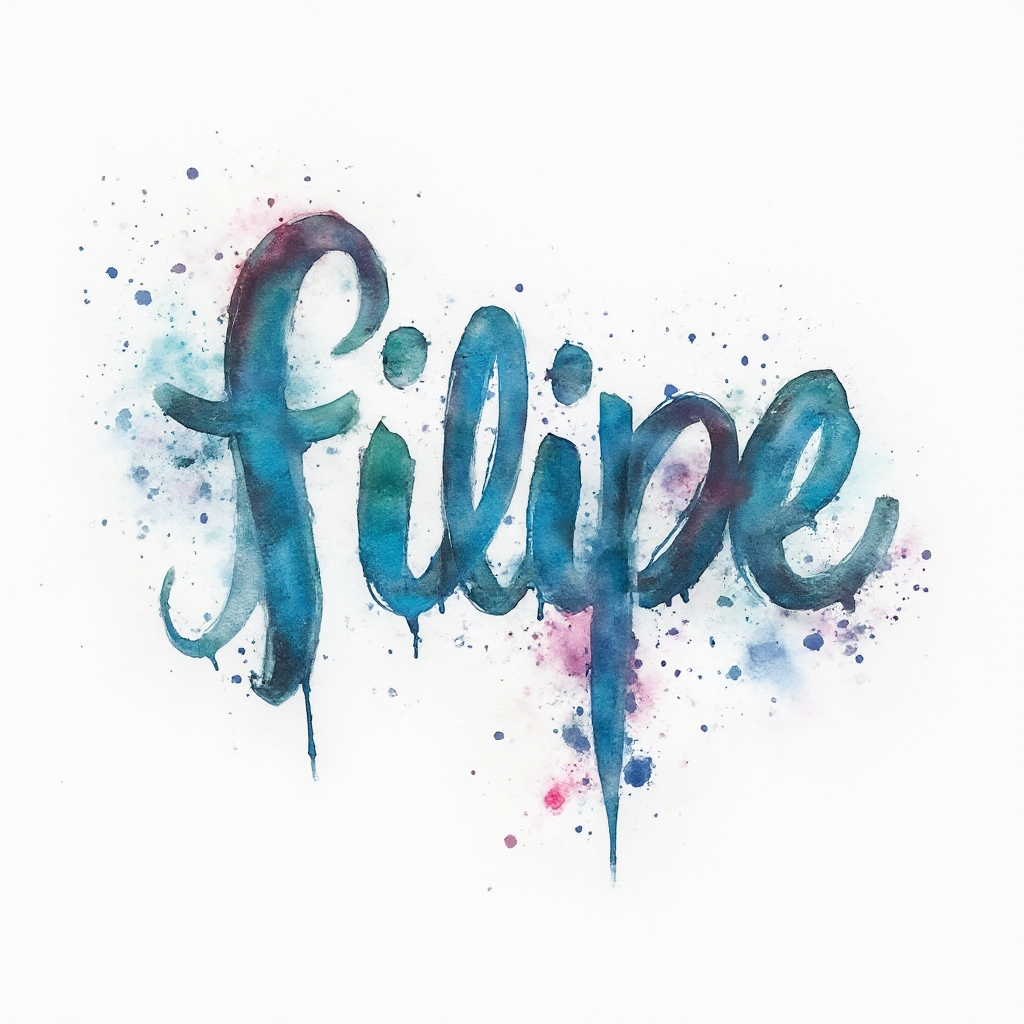 Watercolor-style tattoo concept of the name filipe in flowing colorful ink on white background