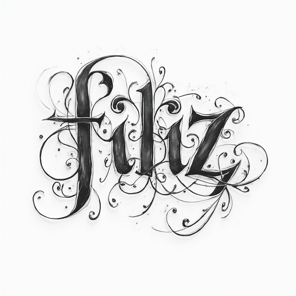 Ornamental monochrome tattoo design of the name filiz made of intricate flowing lines on a white background