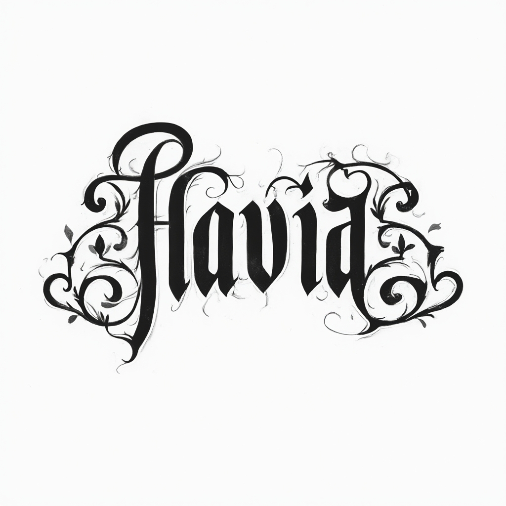 Ornamental blackwork tattoo emblem spelling the name flavia with flowing decorative curves on white background.