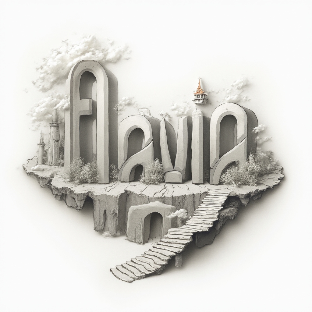 Surreal dreamscape tattoo concept where the name flavia is built from impossible architectural forms on white background.