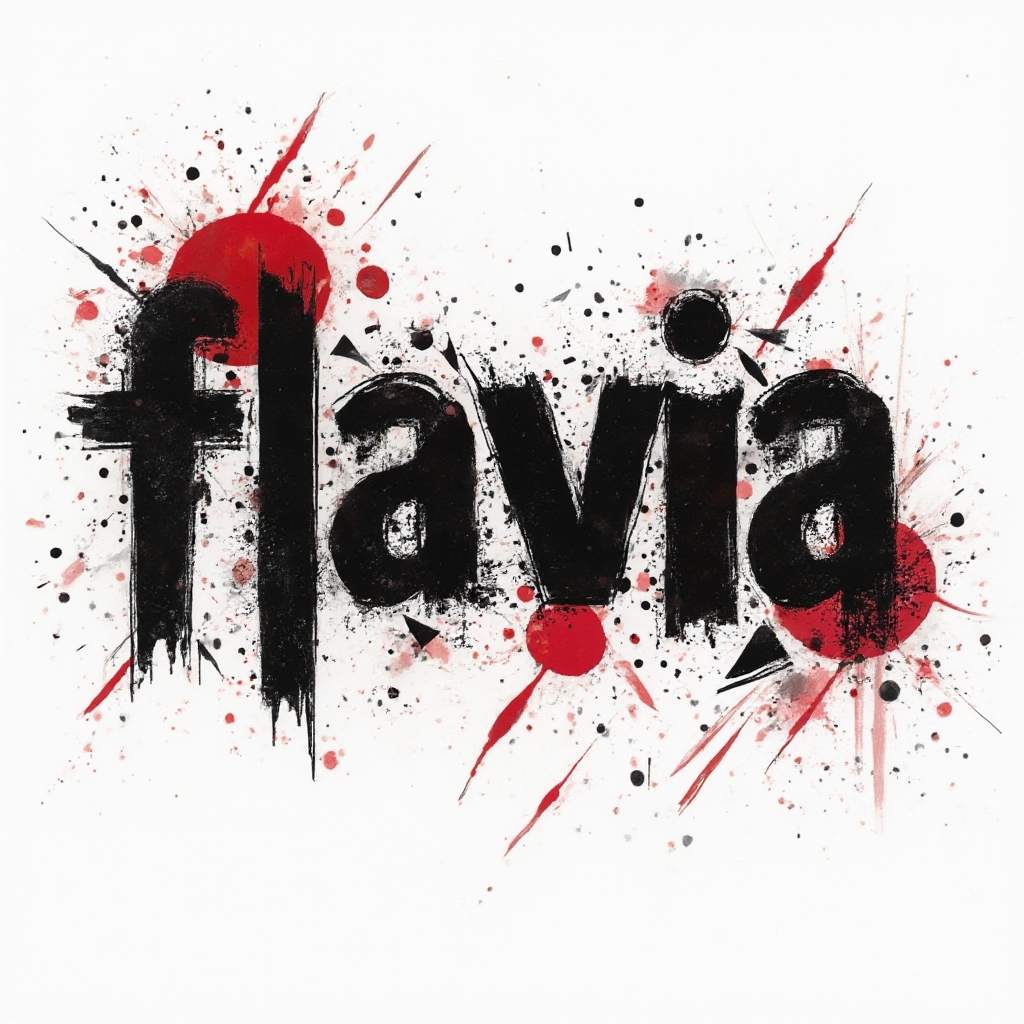 Trash Polka tattoo concept of the name flavia with black fragmented lettering and red splashes on white background.