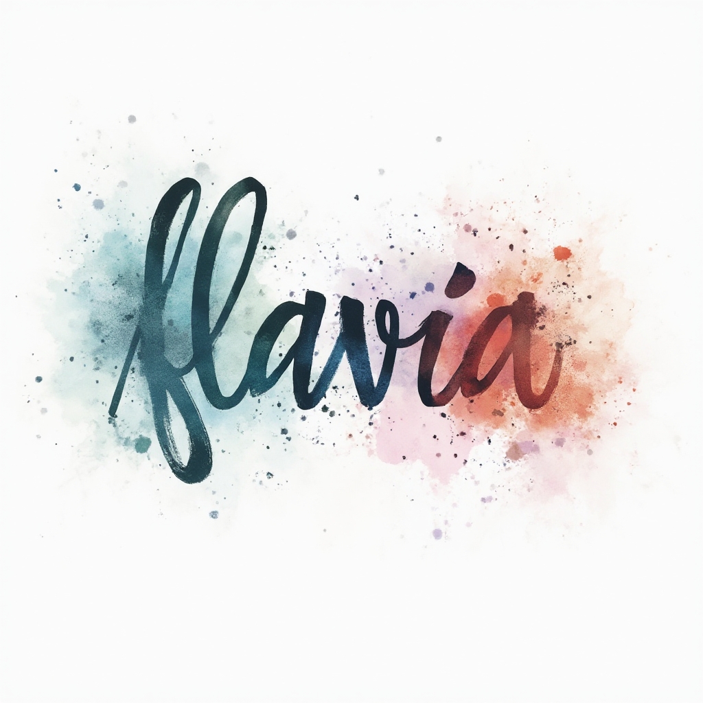 Watercolor-style tattoo concept of the name flavia painted as colorful ink brush lettering on white background.