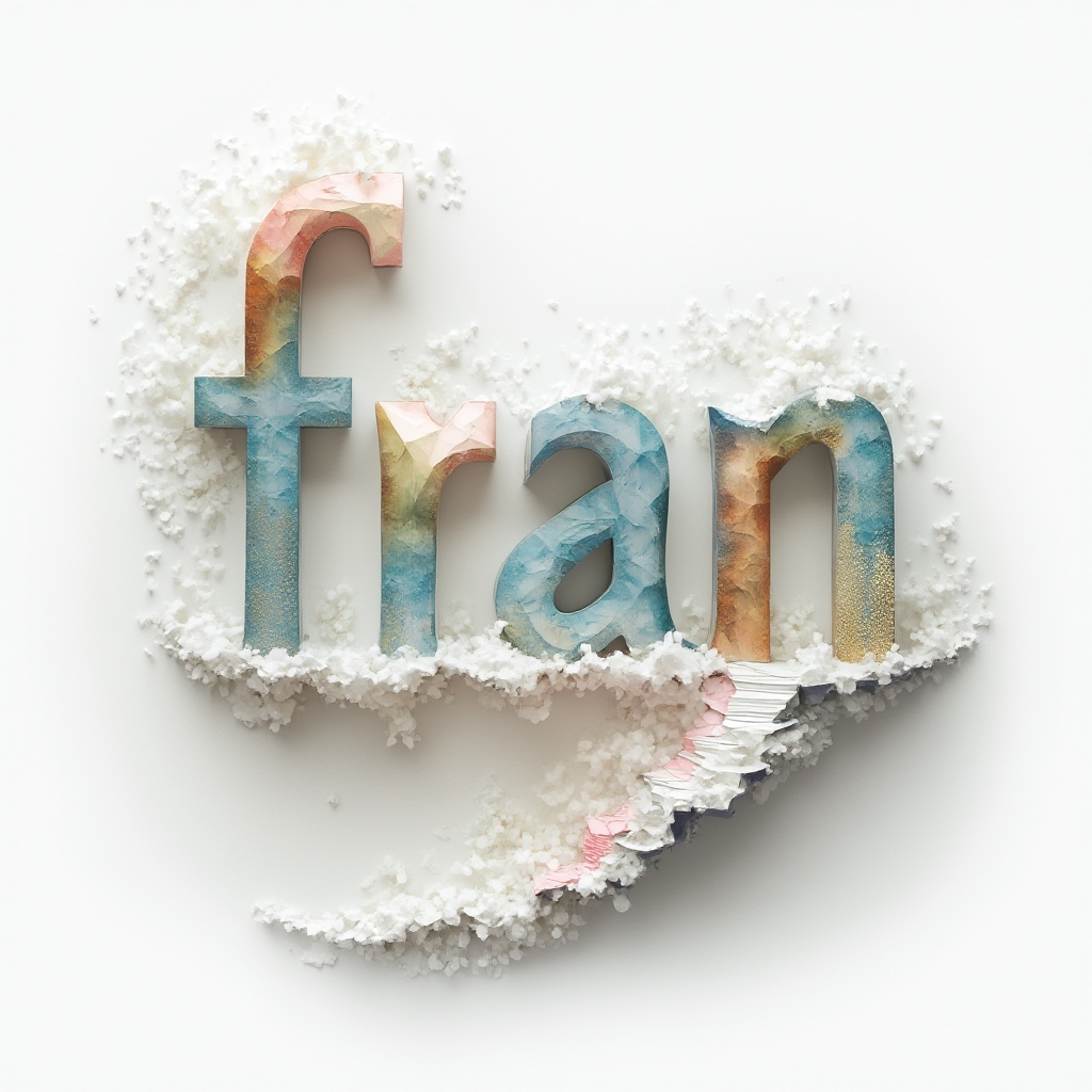 Surreal dreamscape tattoo concept where the letters of fran morph into impossible architectural and floating shapes on a white background