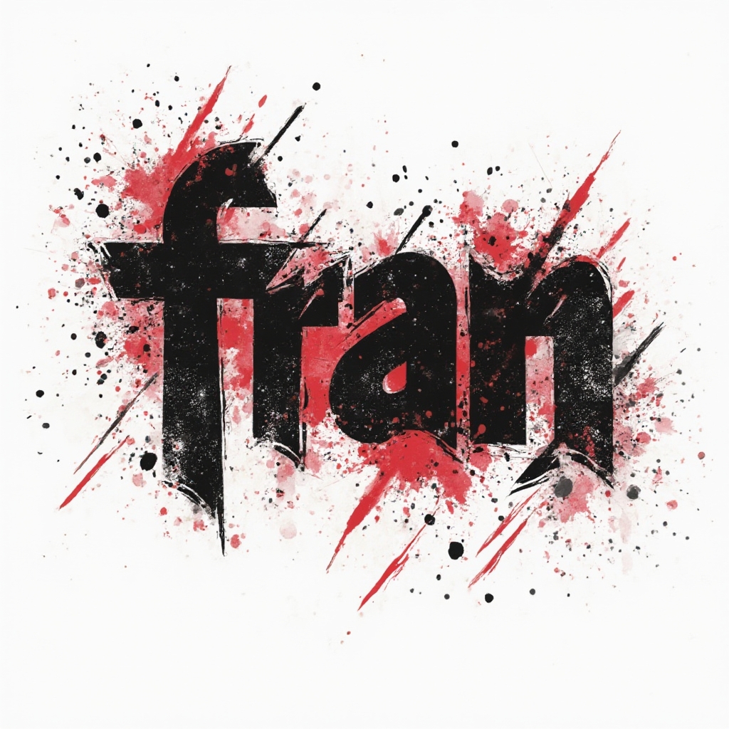 Trash Polka tattoo concept where the name fran is built from distressed black letter shapes with red splashes and geometric fragments on a white background