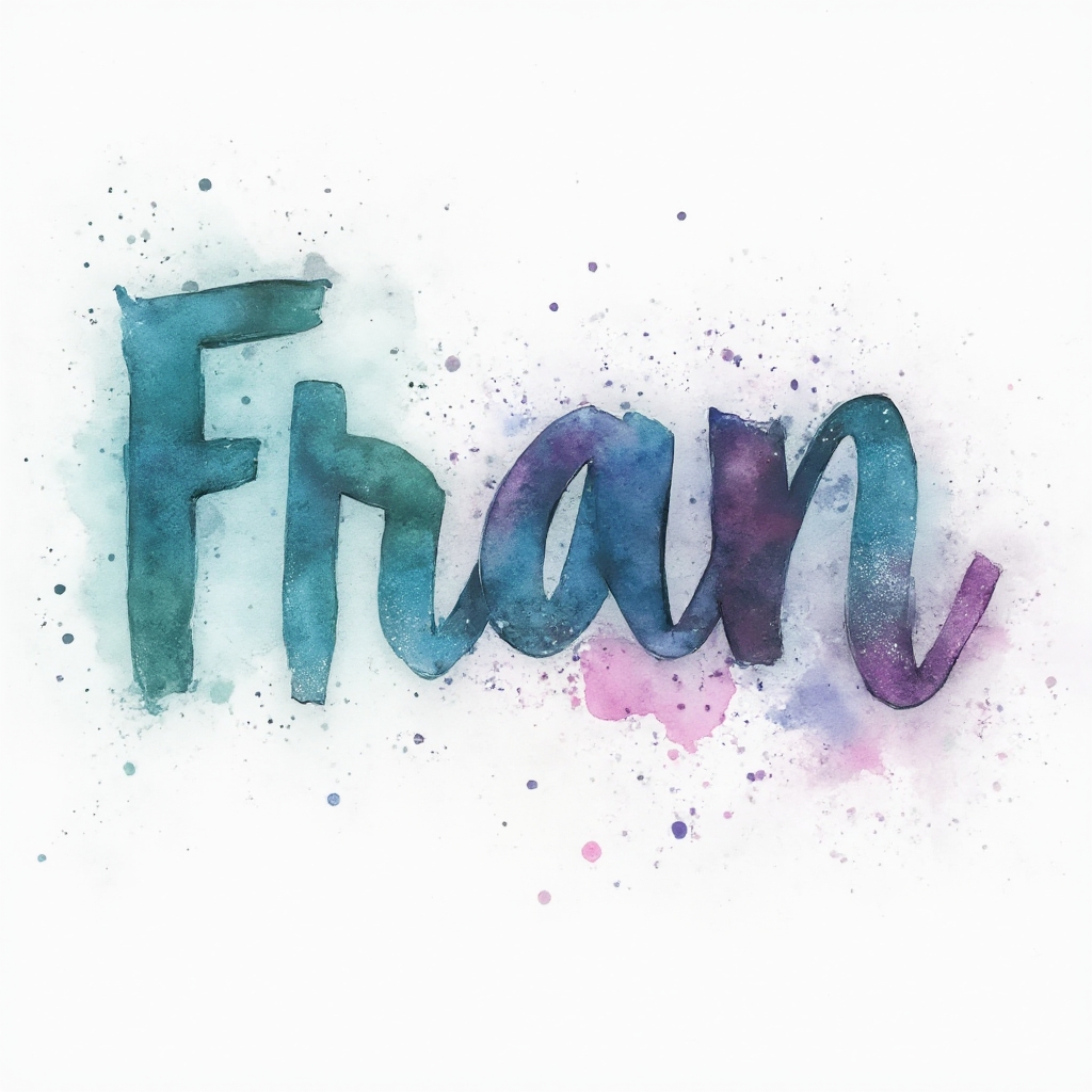 Watercolor-style tattoo concept where the name fran is formed by flowing brushstroke letters with colorful splashes on a white background