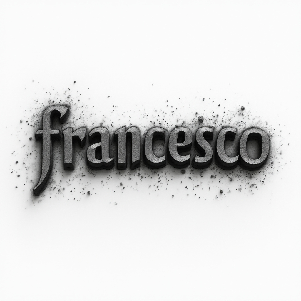 Dimensional monochrome tattoo design of the name francesco rendered as 3D sculpted ink letters on white