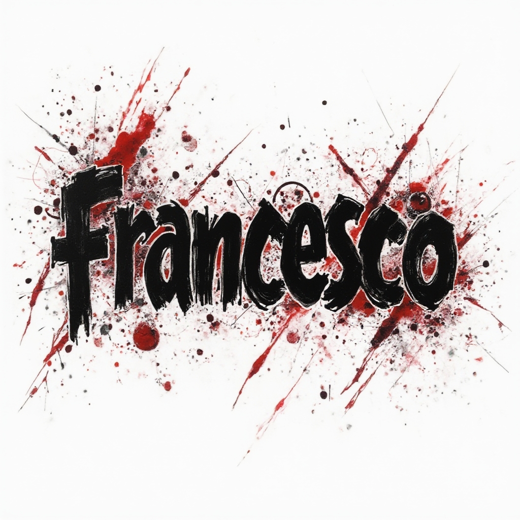 Trash Polka inspired tattoo design of the name francesco with bold black and red splashes on white