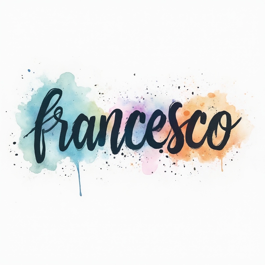 Watercolor style tattoo design of the name francesco in fluid colorful ink on a white background