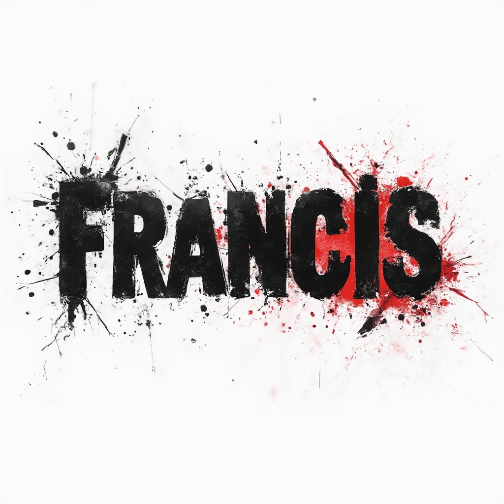 Trash Polka tattoo concept where the name francis is built from bold black fragments and red splashes on a white background.