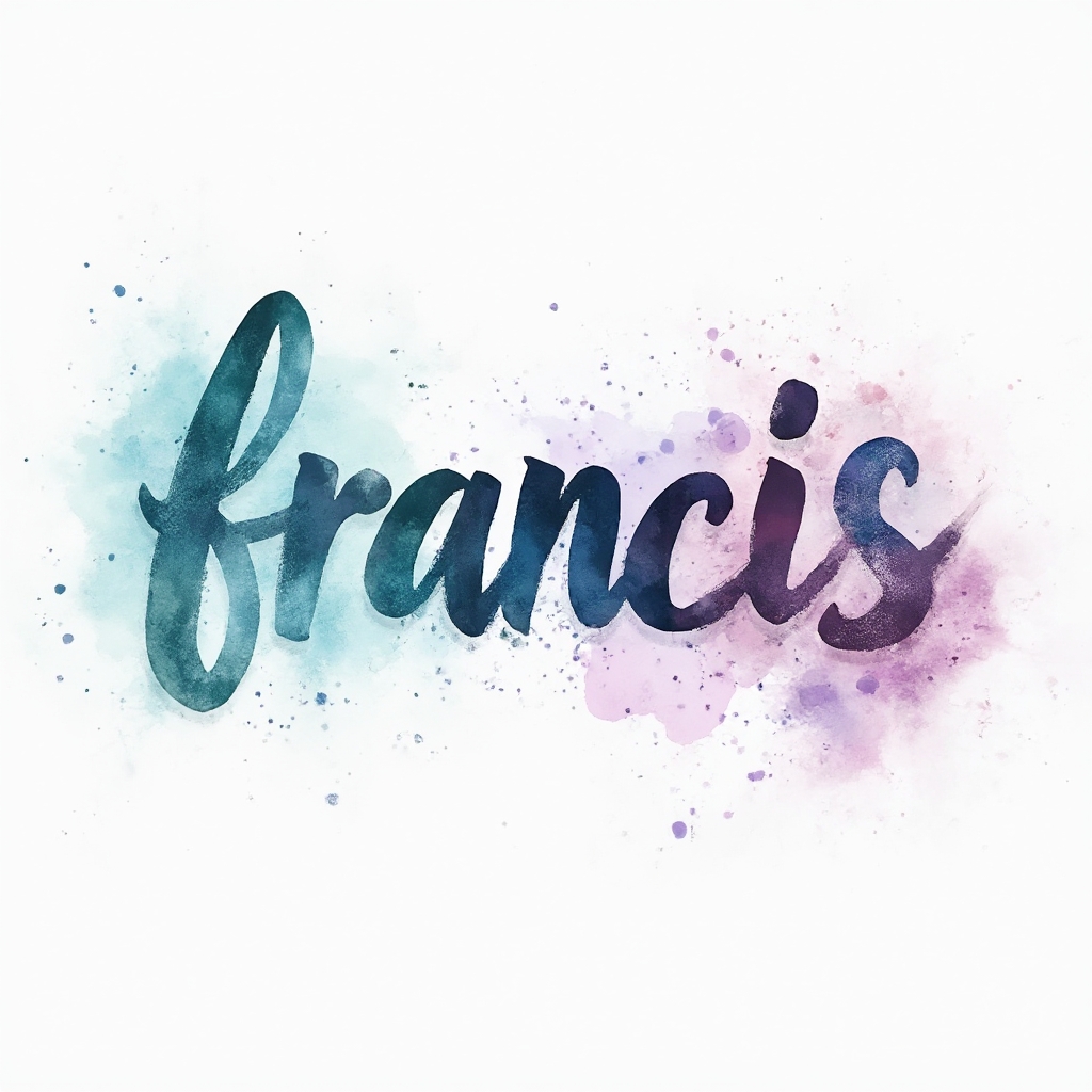 Watercolor tattoo concept where the name francis forms flowing ink lettering with colorful splashes on a white background.