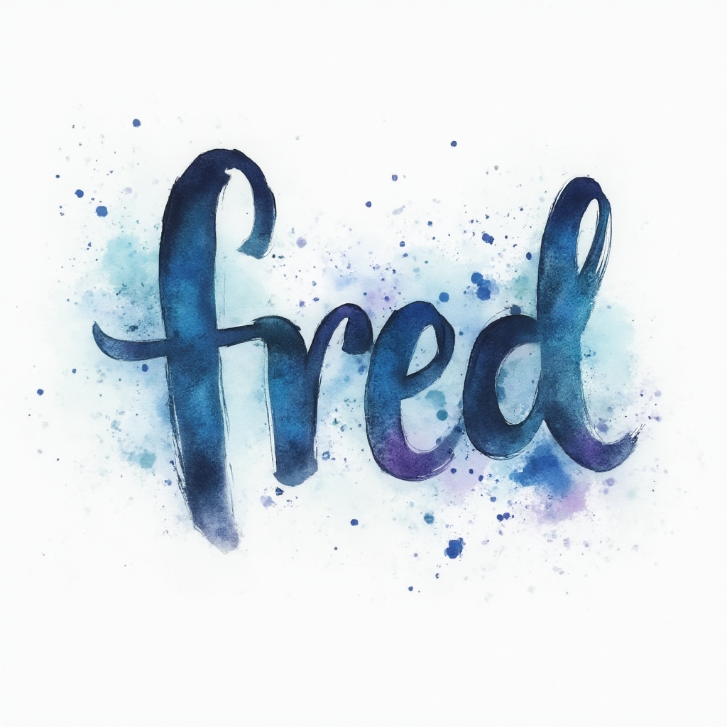 The name fred shaped in stylized watercolor lettering with colorful splashes on a white background.