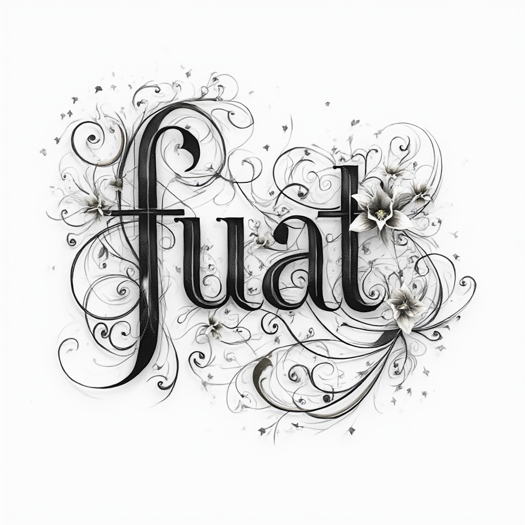 Ornamental abstract tattoo design where the name fuat is formed from elegant flowing decorative lettering on a white background.