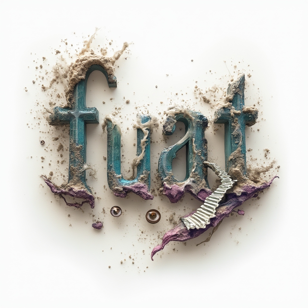 Surreal cosmic tattoo concept where the name fuat is built from dreamlike warped structures on a white background.