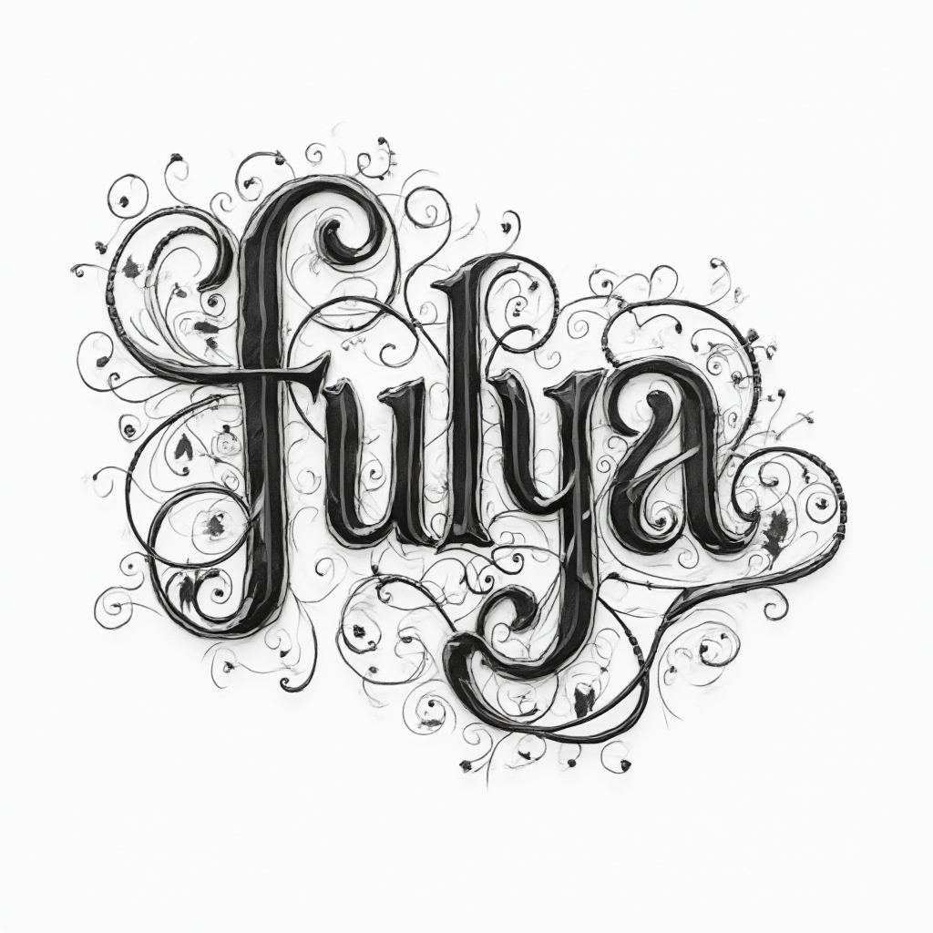 Ornamental monochrome tattoo concept of the name fulya in intricate flowing patterns on a white background.