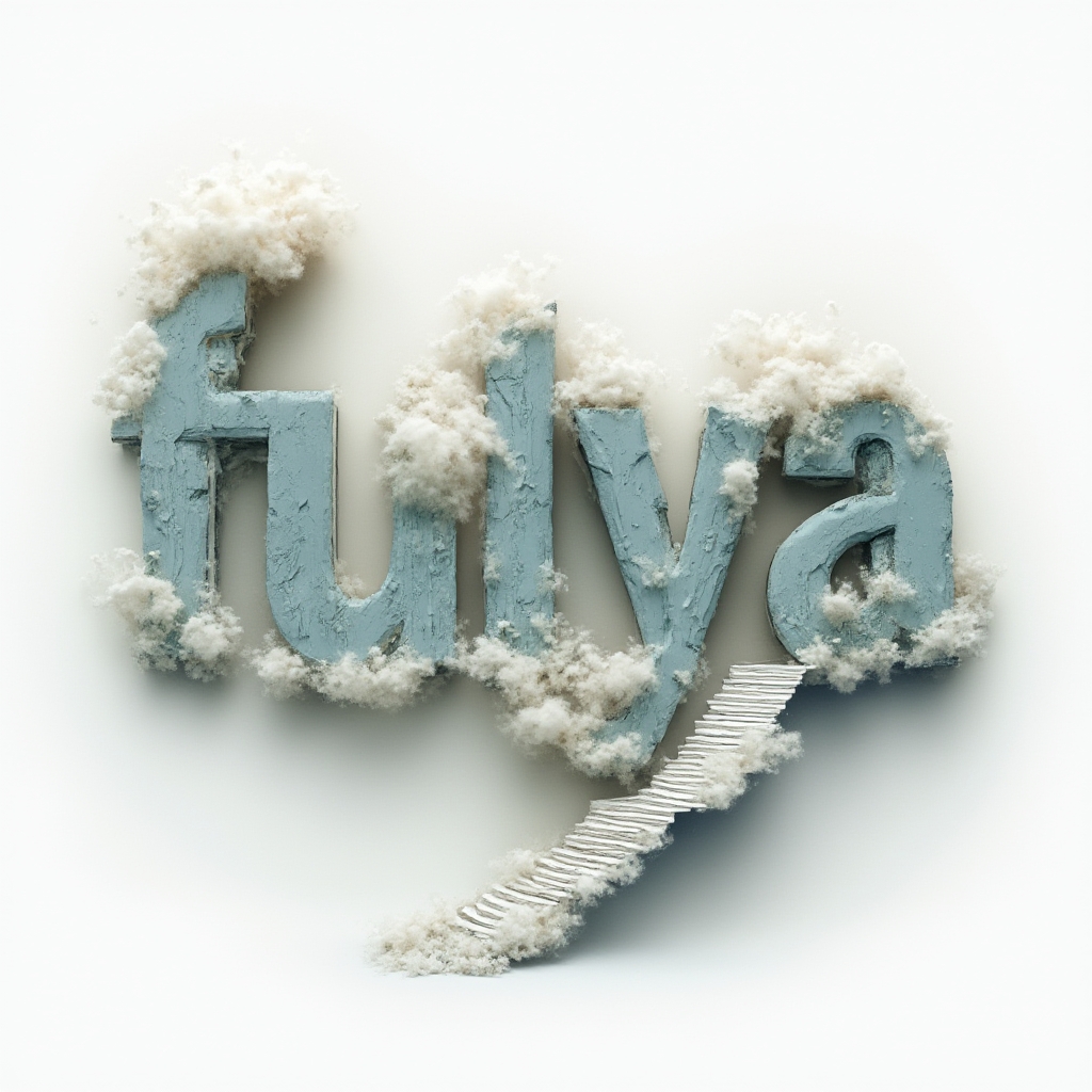 Surreal dreamscape tattoo concept where the name fulya becomes abstract floating architectural forms on a white background.