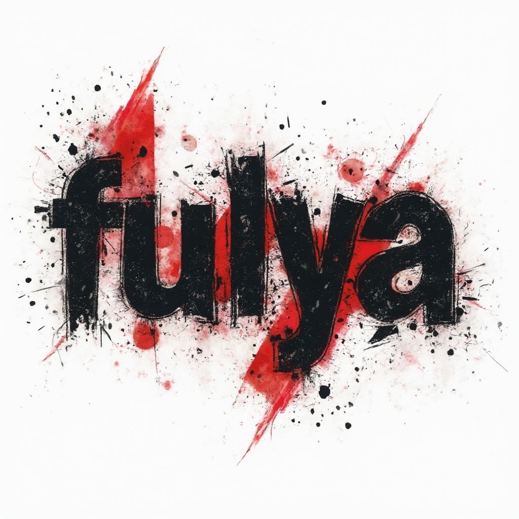 Bold Trash Polka tattoo concept of the name fulya with black and red abstract elements on a white background.