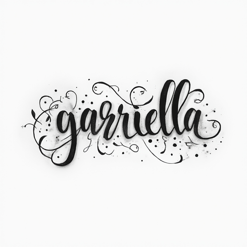 Refined black ink tattoo design of the name gabriella in flowing sculpted script with ornamental curves on white.