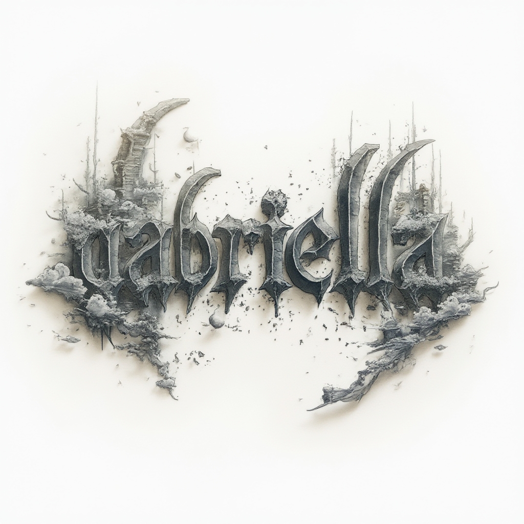 Surreal tattoo design of the name gabriella made from impossible architectural and cloud-like letterforms on white.