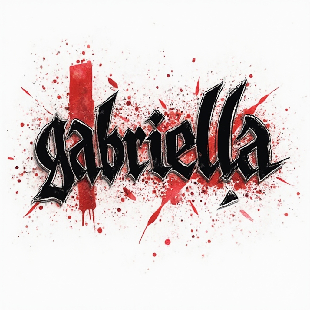 Trash Polka tattoo design of the name gabriella with bold black lettering and red abstract splashes on white.