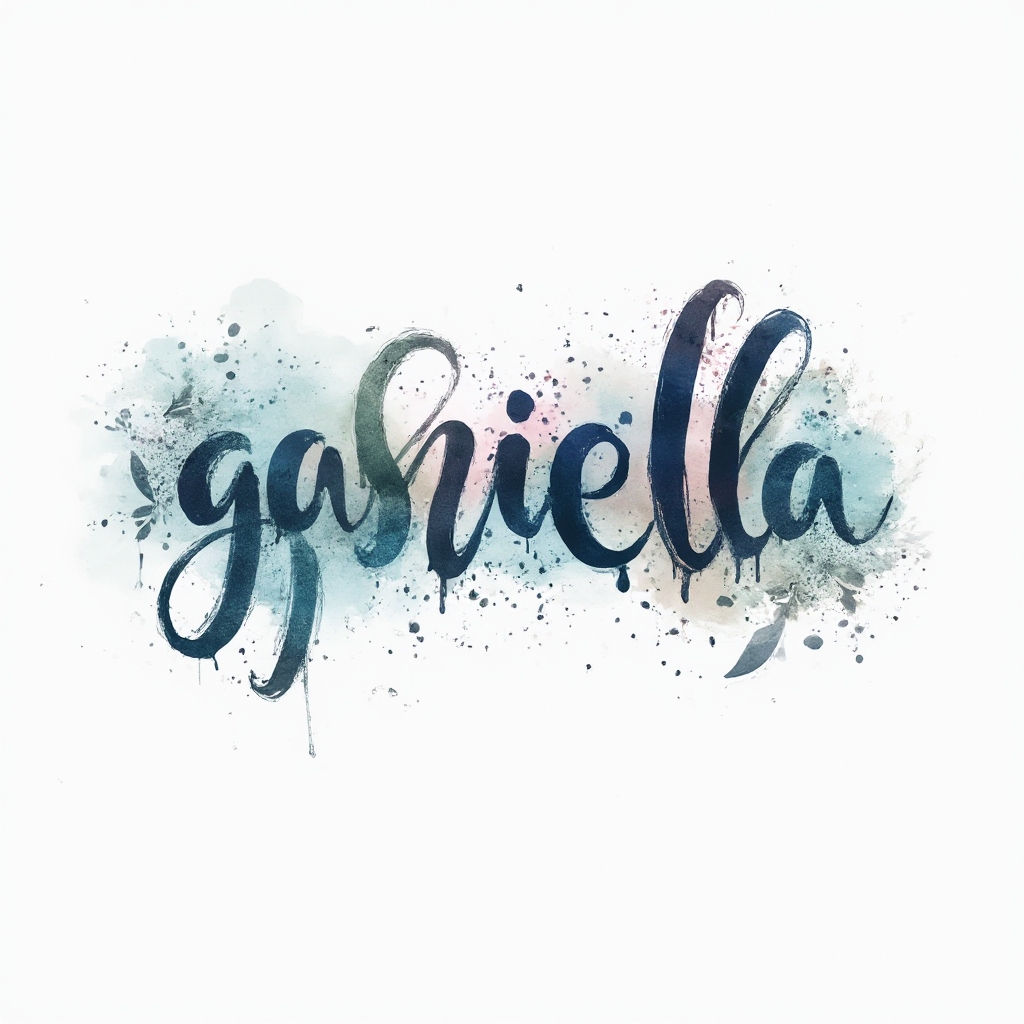 Watercolor tattoo design of the name gabriella created from colorful paint strokes on a white background.
