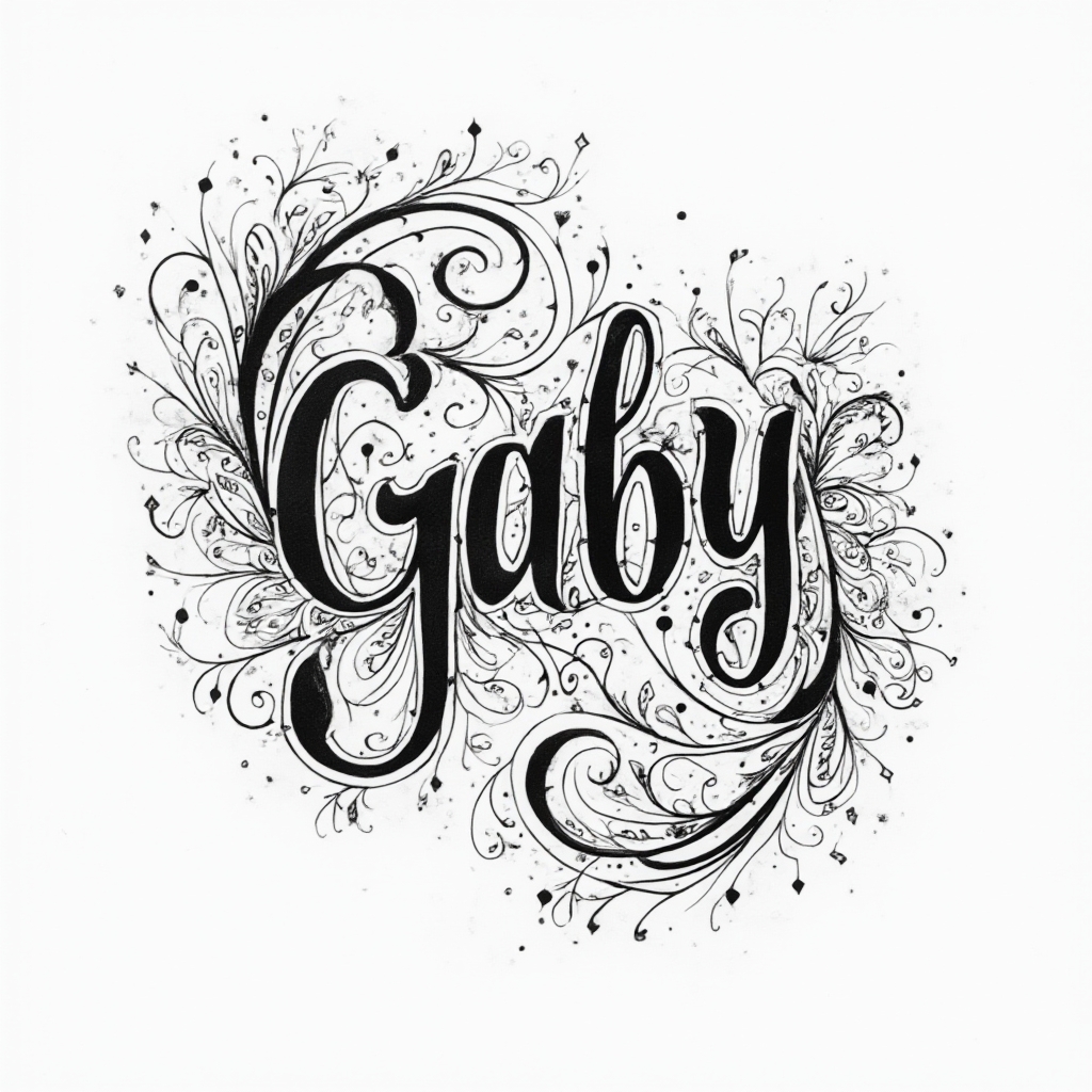 Abstract ornamental tattoo design where the name gaby appears through interwoven filigree and geometric patterns on a white background.