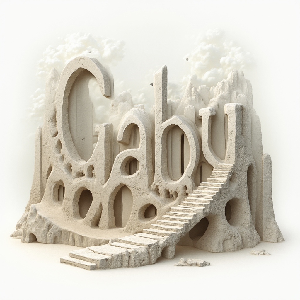 Surreal dreamscape tattoo concept where the name gaby is formed from floating arches and melting structures on a white background.