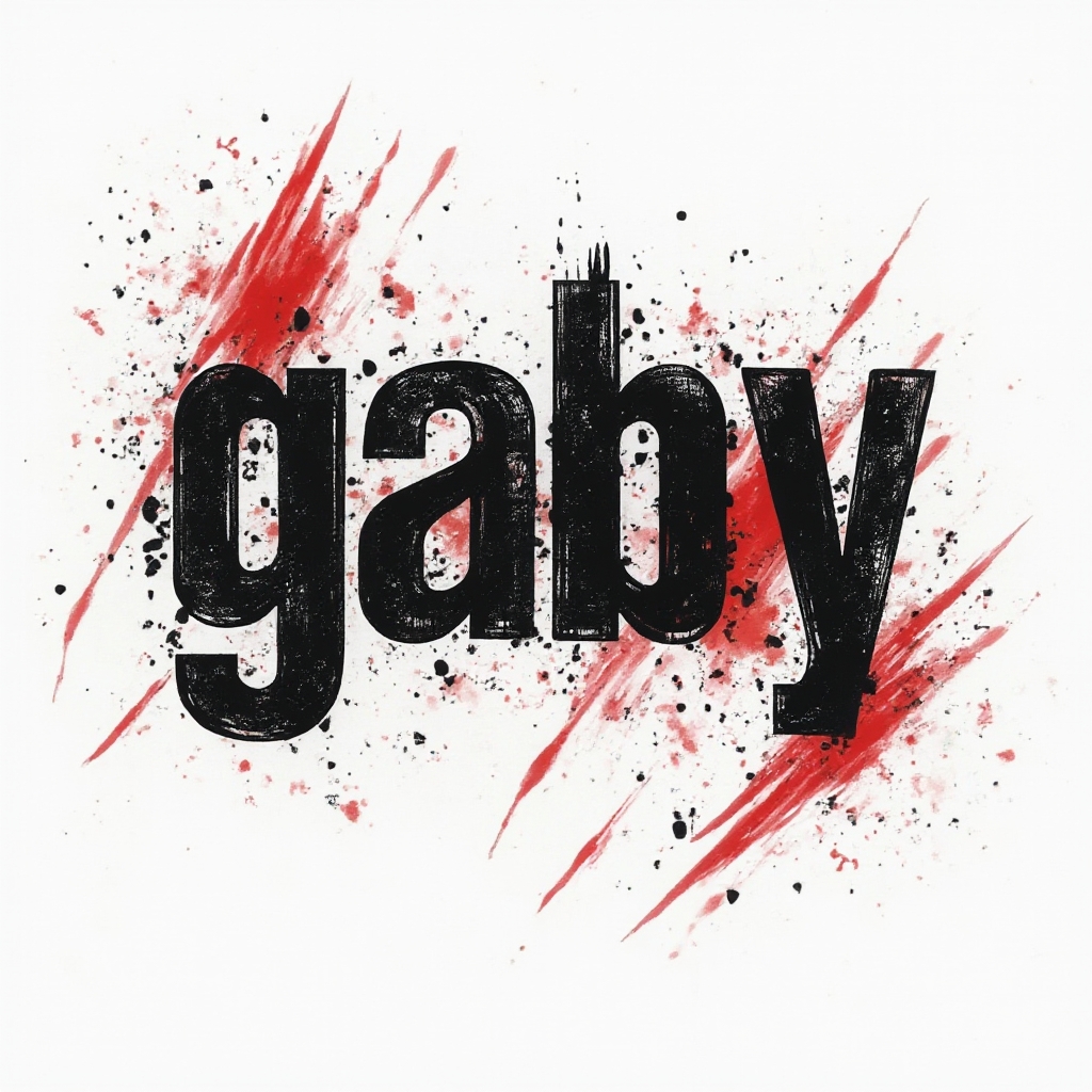 High-contrast Trash Polka style tattoo concept where the name gaby is formed from black brushstrokes, red splashes, and geometric fragments.