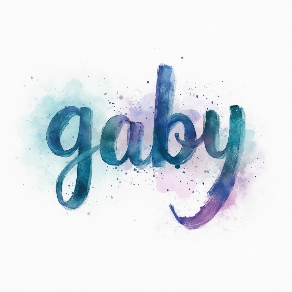 Abstract watercolor tattoo concept where the name gaby is formed from flowing colorful ink washes on a white background.