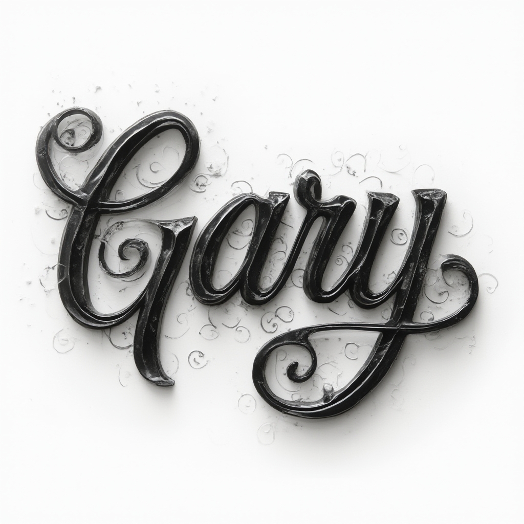 Three-dimensional ornamental monochrome tattoo concept of the name gary with flowing flourishes on white background