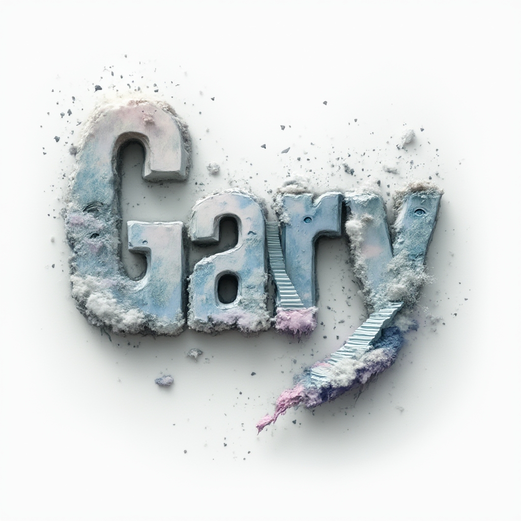 Surreal dreamscape tattoo concept of the name gary as floating impossible structures on white background