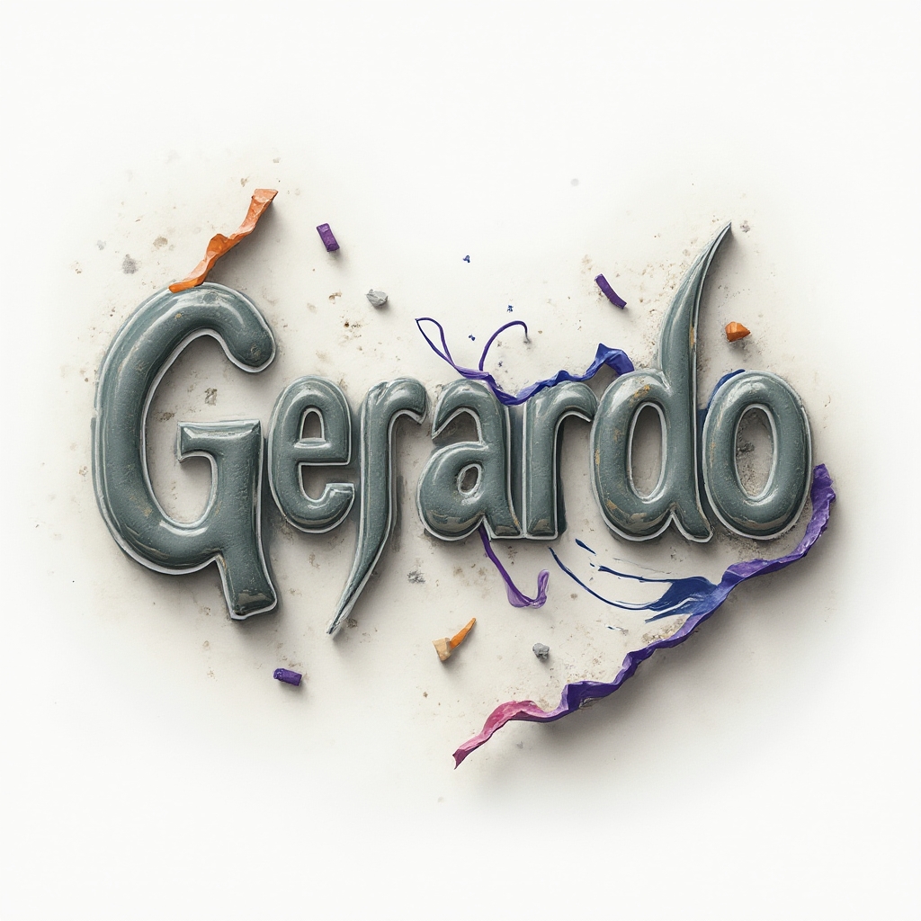 Surreal dreamlike abstract forms weaving into stylized lettering that spells gerardo on a white background.