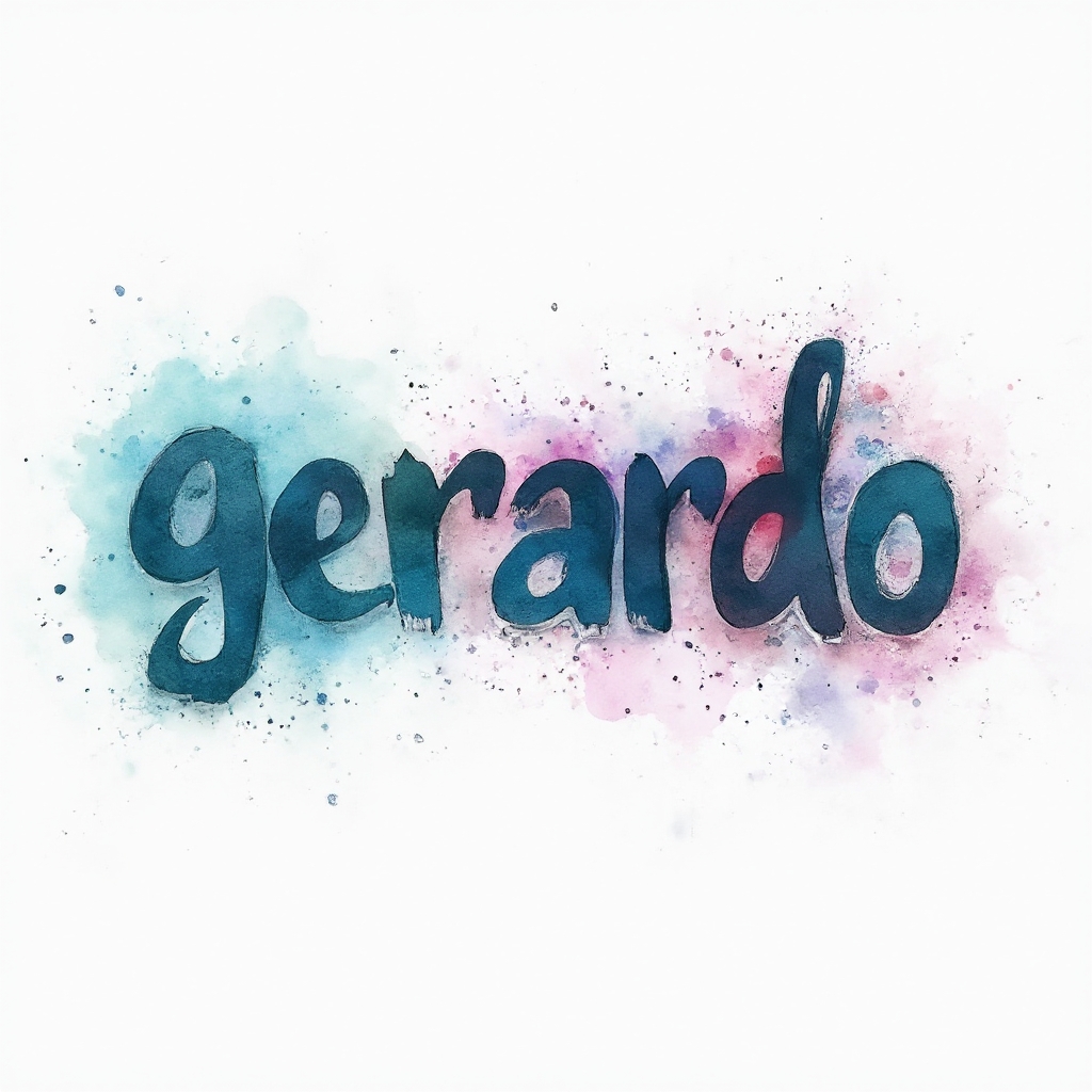 Watercolor-style abstract lettering forming the name gerardo with colorful ink splashes on a white background.