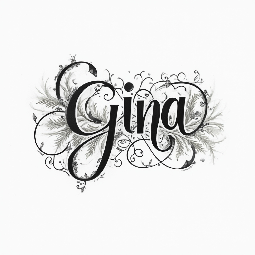 Ornamental tattoo concept where the name gina is shaped from intricate flowing letterforms and filigree on a white background.