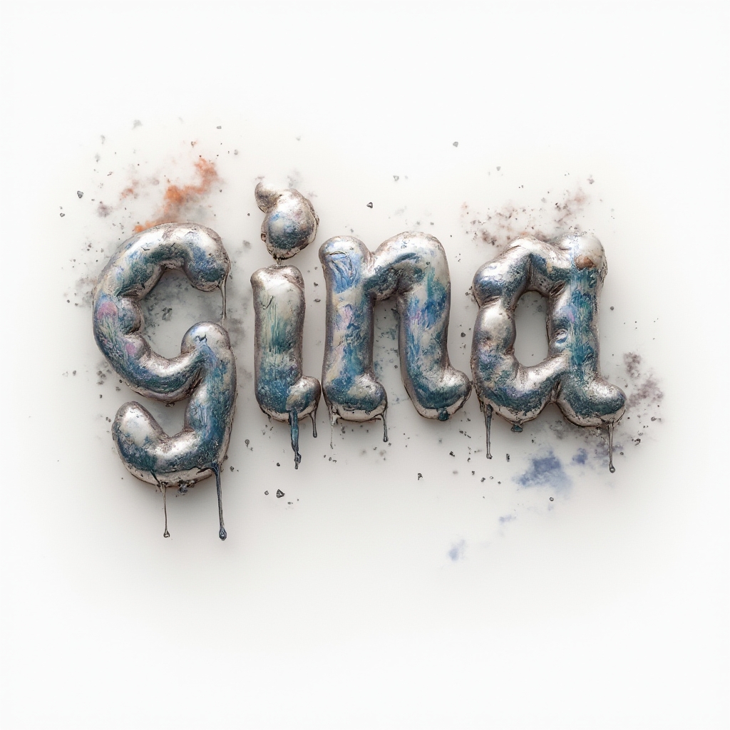Surreal tattoo design where the name gina is formed by floating, melting sculptural letters on a white background.