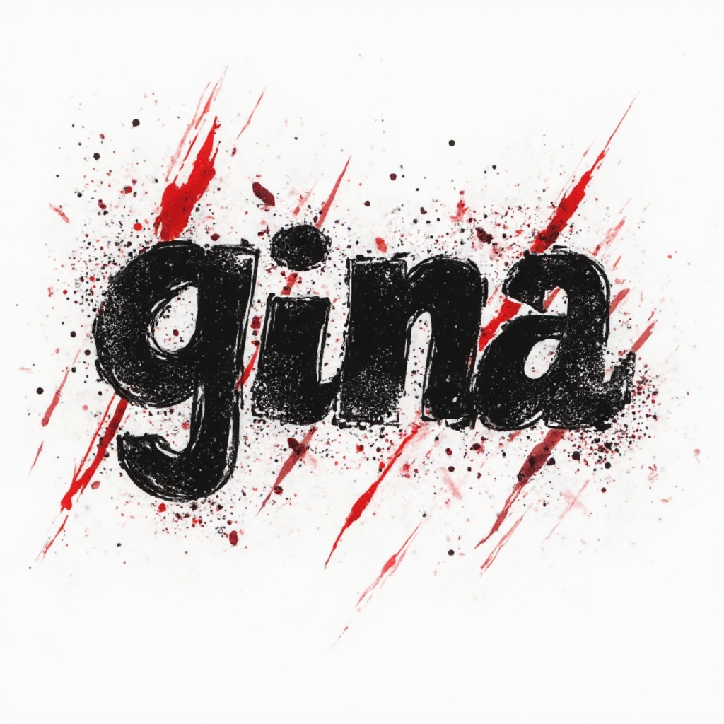 Trash Polka style tattoo concept where the name gina is built from bold black strokes, red accents, and ink splatters on a white background.